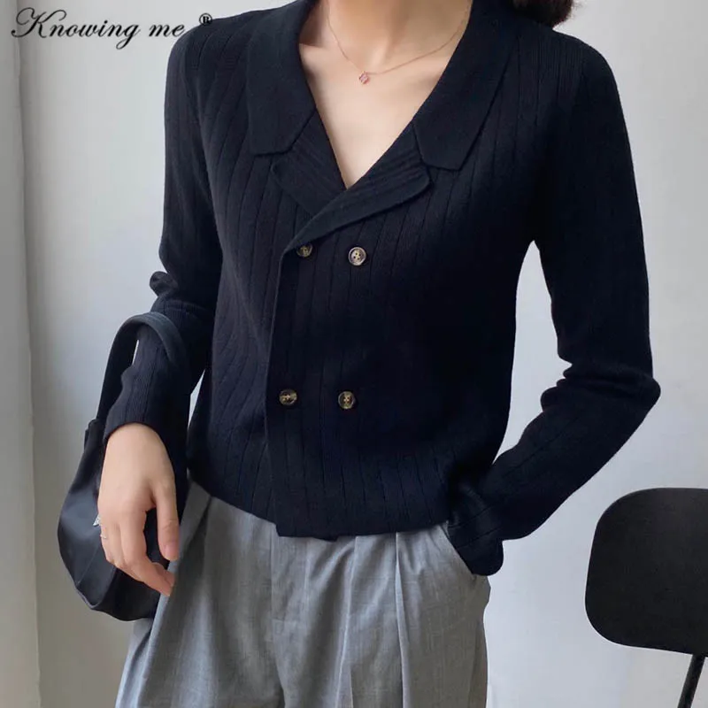 

Office Lady Blazer Suit Stretchy Sweater Women Elegant solid Long Sleeve Knitted Sweater Female 2020 Autumn button Crop Tops