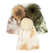 Charm wood, женская и мужская шапка бини с галстуком-красителем, повседневные мешковатые шапки, теплая мягкая шапка с черепом и большим помпоном из натурального меха енота для зимы и осени