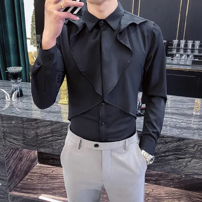Men Korea Prom Black White Dress Shirts 
