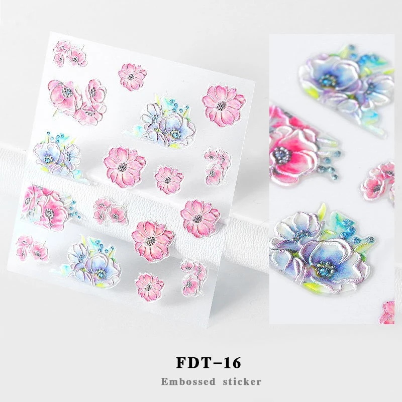 Hot 1PC 5D Acrylic Engraved Flower Nail Sticker Embossed Lace Flower Cute Cat Water Decals Empaistic Nail Water Slide Decals - Цвет: FDT-16