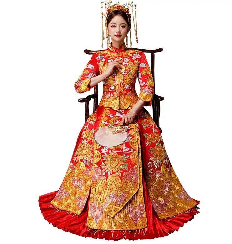 Красный Современные Cheongsam красный Qipao длинное традиционное китайское свадебное платье восточные платья Китай магазин одежды невесты - Цвет: Красный