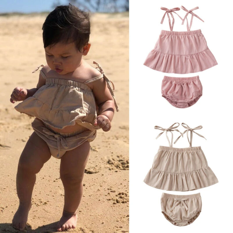 Conjuntos de ropa de playa para bebés, camisetas sin mangas con volantes y pantalones cortos, 2 piezas, ropa de algodón para niños|set de - AliExpress