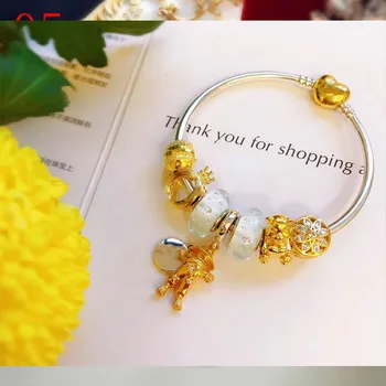 

High Quality Reproduction 1:1 100%925 Pure Silver White Glaze Beads Gold Crown Bracelet Free Shipping