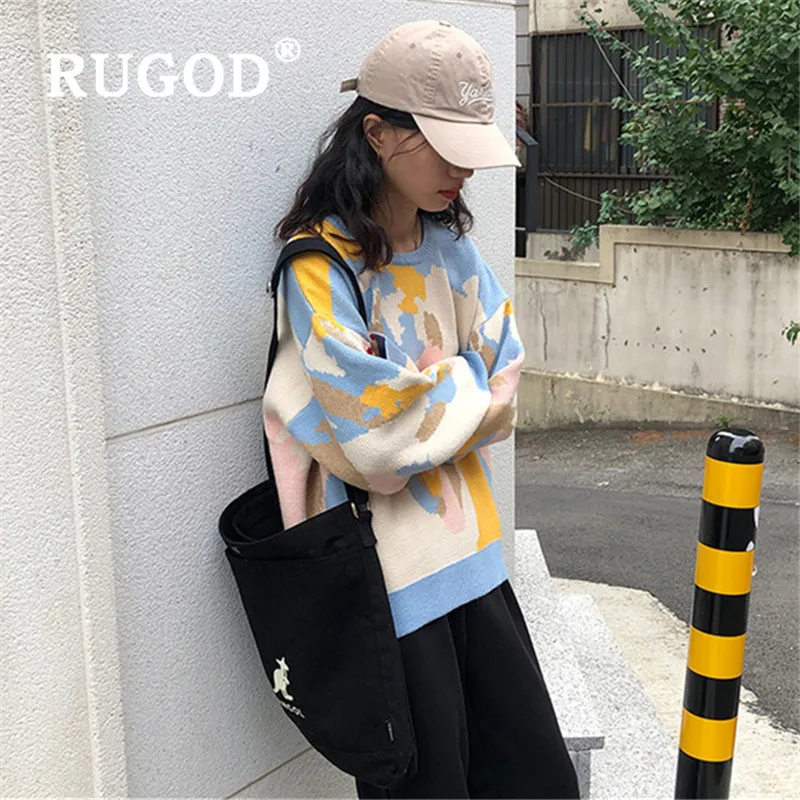 RUGOD цветной свитер с принтом граффити, пуловеры для женщин, круглый вырез, Свободный теплый вязаный пуловер, модный, harajuku, Плотная туника для женщин