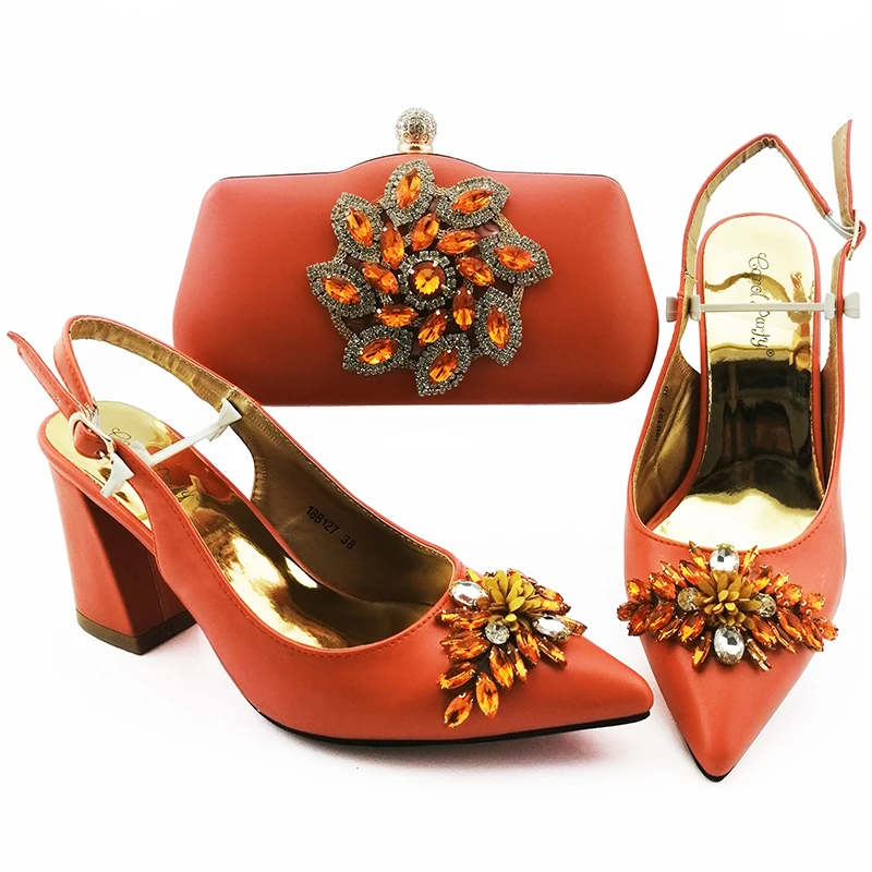 

Orange italian shoes and bag with big shinning rhinestones middle heel 3.5 inches sandal and clutches bag set SB8443-2