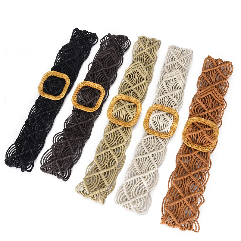 

Vintage Wax Yarn Woven National Style Waistband Girls Dress Wide Girdle Smooth Buckle European and American Fashion Hollow