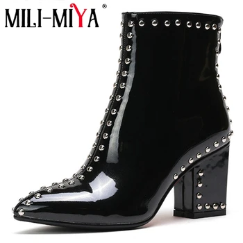 

MILI-MIYA Patent Leather Women Ankle Boots Waterproof Spring/Autumn Solid Zip Plus Size 34-42 Pointed Toe Square Heels Handmade
