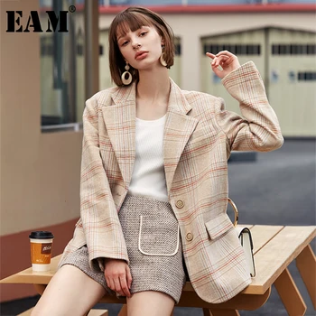

[EAM] Women Apricot Plaid Split Big Size Blazer New Lapel Long Sleeve Loose Fit Jacket Fashion Tide Spring Autumn 2020 1H821