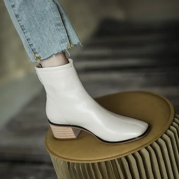 

MORDOAN Genuine Cow Leather Martin boots women's thick-soled 2020 autumn new British style zipper square toe mid-heel ankle boot