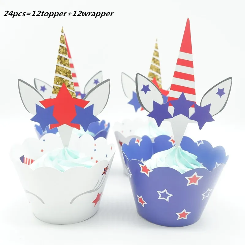 24pcs/lot Smiley unicorn Cupcake Wrappers Toppers Kids Party Birthday Decoration Cake Cups(12 wraps+12 topper No toothpicks