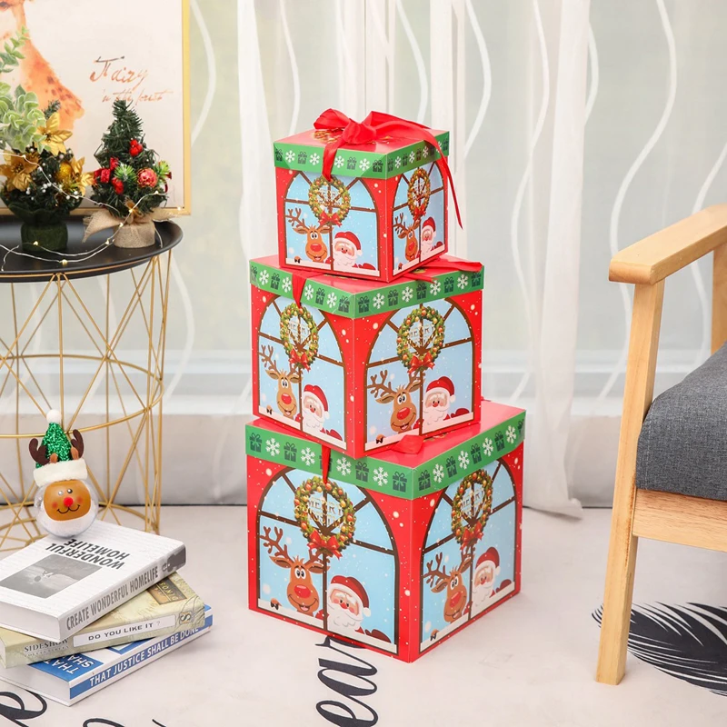 Tofok 3 шт./компл. Merry Christmas квадратная коробка для конфет сумка Рождественская елка Подарочная коробка с бумагой крафт сумка для подарков украшения вечерние - Цвет: B