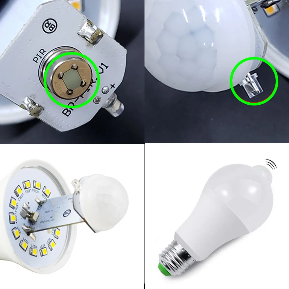 모션 센서 포함 LED 램프, E27 PIR 센서 라이트, 전구 야간 조명, 자동 ON OFF, 민감한 감지기 봄블라, 85-265V, 12W, 9W