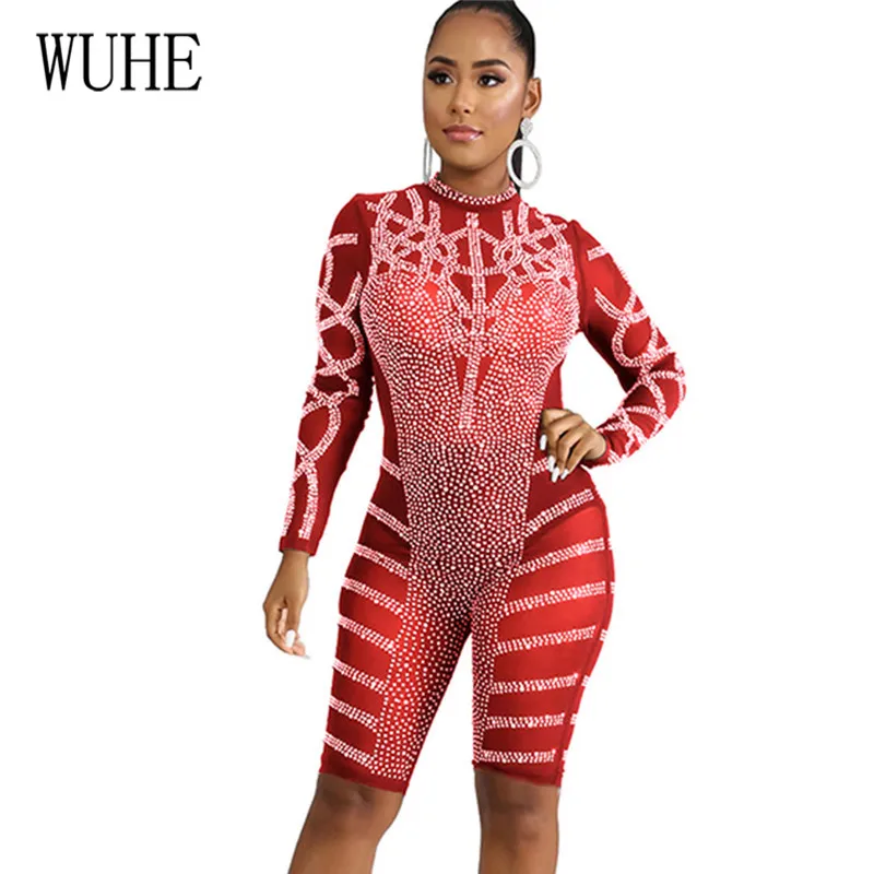 

WUHE Rompers for Women Sequin Rhinestone Jumpsuits Diamond See Through Mesh Playsuits Long Sleeve Skinny Clubwear Party Wear