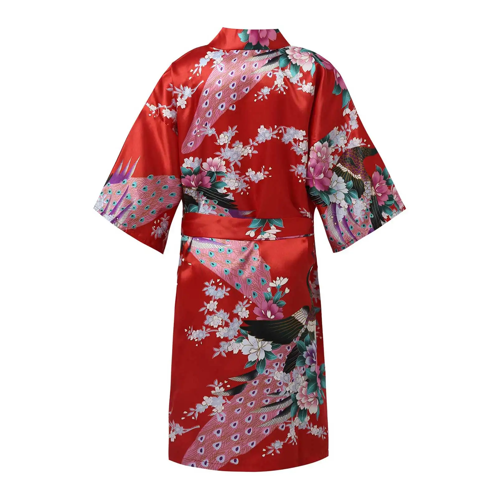 Batas de noche japonesas para niños y niñas, Kimono de satén de imitación con estampado de flores de pavo real, bata de baño, camisón para fiesta de Spa, boda y cumpleaños