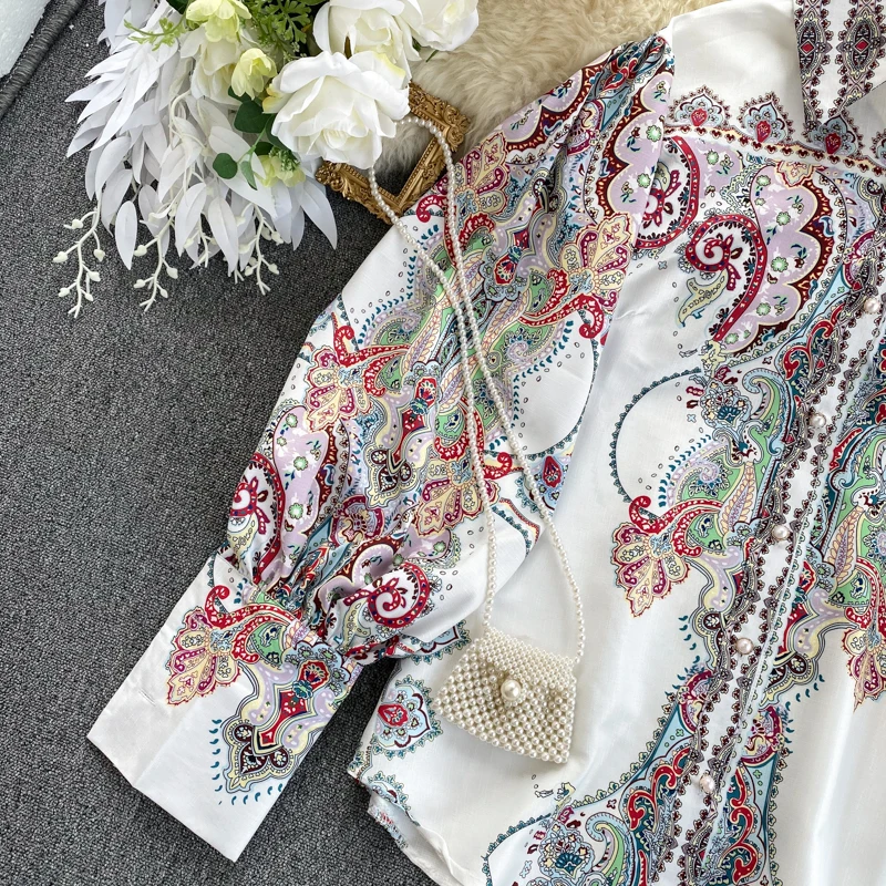 Винтаж печатных платье с рукавами-фонариками блузка рубашка Для женщин женский летнее перламутровое, на пуговицах, с отложным воротником, блузка, рубашка, топы