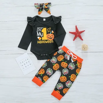 

Children Halloween Set 2020 New Style Infants Child Lettered Pumpkin Romper Trousers Three-piece Set Foreign Trade Hot Sales