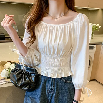 

COIGARSAM Full blouse women New Spring Lantern Sleeve O-Neck High Waist blusas womens tops and blouses White Blue 582