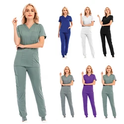 Women T shirt Long Pants Set Nurse Uniform Solid Color Short Sleeve V Neck Pocket Tops Trousers Overalls Sports Joggers Clothing