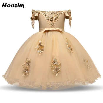 

Champagne Palace Princess Evening And Prom Dress Girls 3-9 Years Vintage Off Shoulder Applique Rose Flower Soiree Dresses Kids