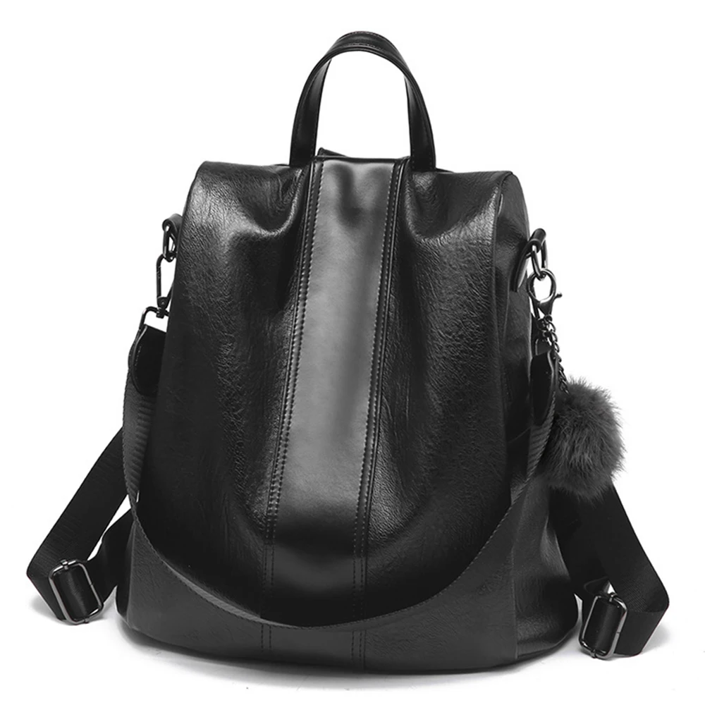 

Large Capacity Anti-thief Women Backpack with Hair Ball Quality Leather School Bag for Teenager girls Vintage Female Travel Bags