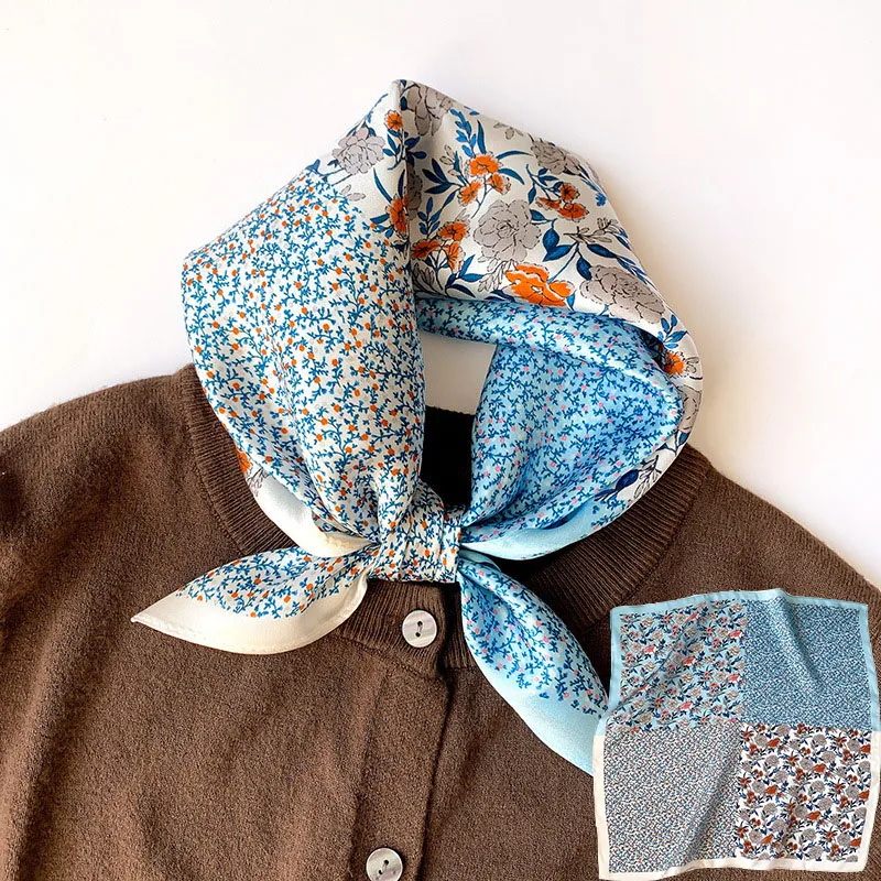 

OMEA 100% Silk Scarf Women Blue Floral Handkerchief Fashion Luxury Patchwork Small Square Hijab Scarf Korean Bandana Hair Scarf