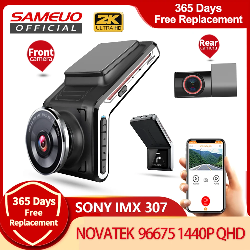 Sameuo u2000 traço câmera 2k frente e traseira fhd1080p dupla lente traço cam wi fi carro inteligente dvr visão noturna automática 24h estacionamento monitor|DVR/Câmera Dash| -