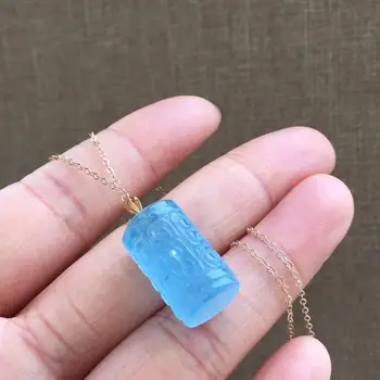 

H515 Aquamarine Neckalce Fine Jewelry 100% Natural Blue Aquamarine Carved 6.6grams Female Women's Gemstones Pendant Necklaces