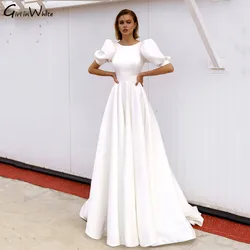 Modern Puff Sleeve Wedding Dress Satin Bride Gowns Open Back O Neck Princess Simple Bridal Dresses Draped Vestidos De Novia