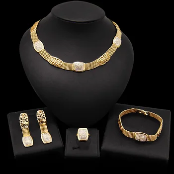 

Yulaili Trendy Square Metal Rhinestones Necklace Earrings Bracelet Ring for Women Elegant Fashion Party Wedding Jewelry Sets