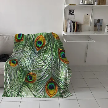 

Green Peacock Feather Printed Flannel Blanket Soft Throw Blanket Machine Washable Blankets for Beds Customizable Travel