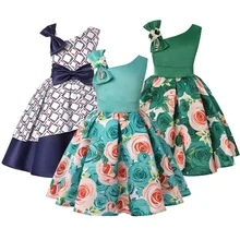 Платье с цветочным принтом для девочек атласные свадебные костюмы для вечеринки в честь Дня Рождения, бальное платье, платья с бантом для детей возрастом от 2 до 4 От 6 до 8 лет