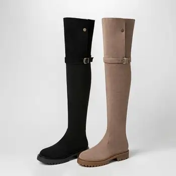 

2020 Winter New Over-The-Knee Flock Thin High Women Boots Round Toe Thick Bottom Warn Zip Belt Flat Snow Shoes Size 33-43 Black