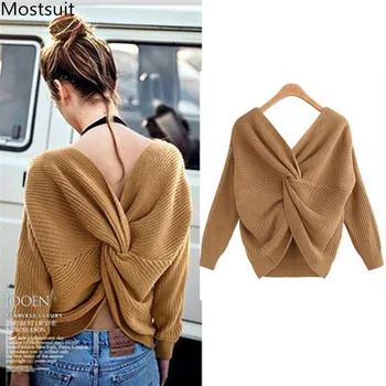 

Autumn Fashion Sexy Irregular Criss-cross Reversible Sweater For Women Ladies Deep V-neck Pullover Knit Tops Lazy Oaf Streetwear
