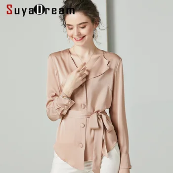 

SuyaDream Women Bleted Office Blouses 92% Silk 8%Spandex 2020 Spring Long Sleeved V neck Solid Blouse Shirt