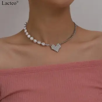 

Lacteo Minimalist Bling Rhinestone Heart Love Pendant Necklace Simple Imitation Pearl Clavicle Chain Choker Necklace Jewelry
