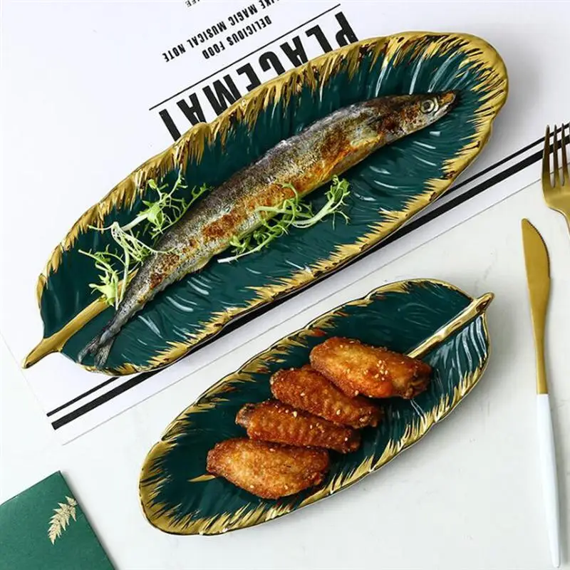 

1PC Ceramic Tableware Banana Leaf Shape Plate Snack Tray Steak Pan Fish Pan for Restaurant Size L
