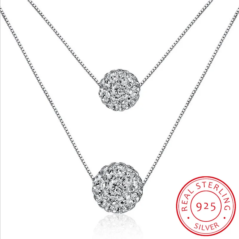 925 Sterling Silver Double Layer Shiny CZ Zirconia Crystal Lucky Ball Pendant Necklace For Women Gift collares Colar de prata | Украшения и