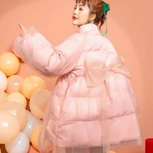 Cute Pink Bow Cotton Coat Women 2021 Winter Thick Warm Net Yarn Stitching A-Line Down Jacket Fashion Loose Ladies Tops