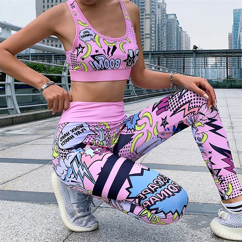 

Women TWO PIECE SET Graffiti Print Comic Cartoon Pattern Crop Top Pants Fitness Sportswear Jogging Suits Workout High Waist 2 PC