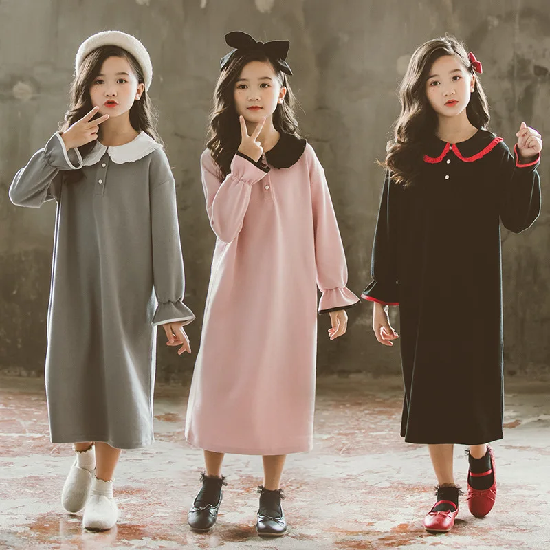 

Girls Winter Dress Autumn 2019 Long Sleeve Clothes Solid Casual Toddler Pink Gray Black Teenager Girl Dresses for 2 3 4 6 8 10 Y