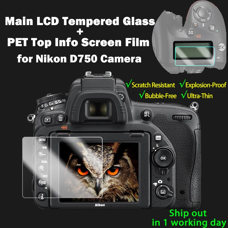 D750 Tempered Glass Protective Self-adhesive Glass Main LCD Display + Film Info Screen Protector Guard Cover for Nikon D750 info