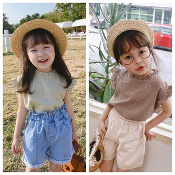 

2020 Children Summer New Girls Sleeveless Plaid Lace Round Neck Vest Toddler Kids Blouses Shirts Fashion Top Clothing