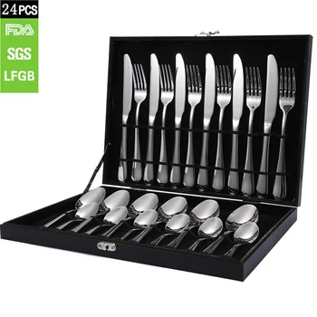 

24PCS Silverware Tableware Cutlery Set Box 18/10 Stainless Steel Mirror Polishing Sets Spoon Flatware Dinnerware Wood Gift Box