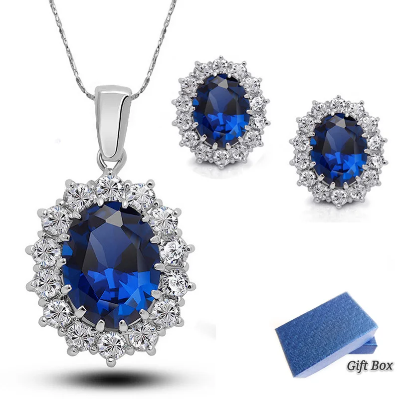 

Fashion Trendy Women Jewelry High-grade Diamond Sapphire Royal Princess Earrings Necklace Set Lady Gifts Wedding Birthday