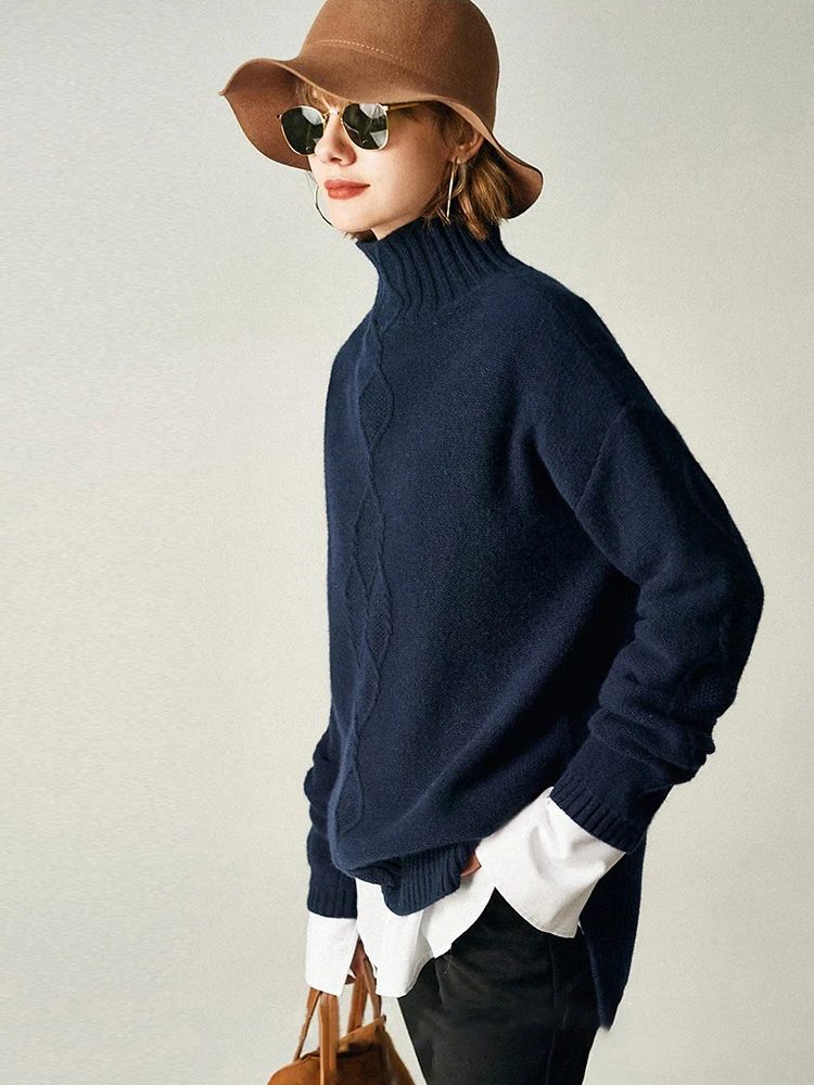 Новая мода осень зима женский свободный теплый кашемировый пуловер с высоким воротом женский свободный толстый вязаный Топ - Цвет: AL2002 Navy Blue