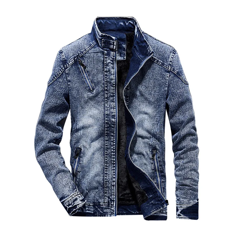 

Vogue Nice Stitching Denim Jacket Men Slim Stand Retro Motorcycle Clothing Fashion Youth Solid Color Short Denim Jacket Top