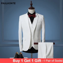 PAULKONTE 2019 Hot Solid Color 3 PCS  Men Suit Fashion Slim Fit Single Button Party Formal Business Wedding Classic Men's Suit