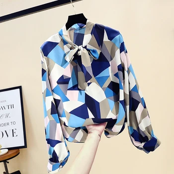 

Womens Tops and Blouses 2020 New Korean-Style Bow Collar Color Block Printed Chiffon Shirt Female Long Sleeve Shirt Korean Top
