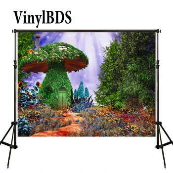 

VinylBDS Fairy Photographic Backdrops Children Photography Backdrops Mushroom House Background Green Forest Backdrops for Studio