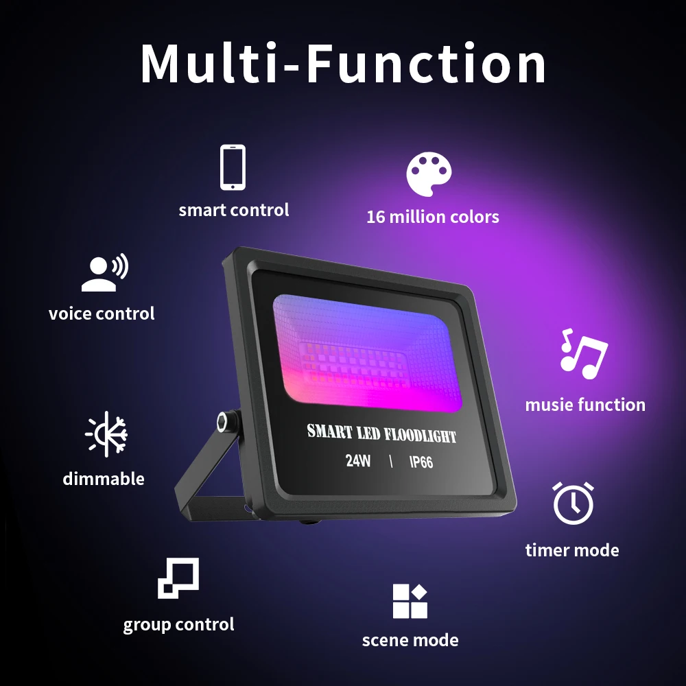 US $69.99 Smart LED Floodlight Outdoor Light RGB 24W Bluetooth40 APP Group Control IP66 Garden Waterproof Color Changing Spotlight